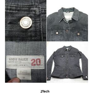 Eddie Bauer 20 Denim Jacket Women Medium Black Pocket Stretch‎ Trucker Jean